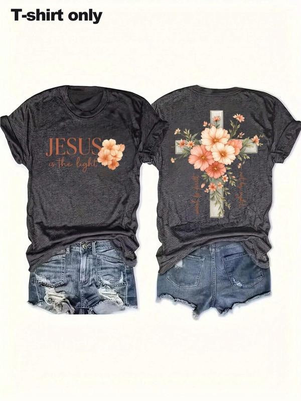 Women's Floral & Cross Print Round Neck Tee, Trendy Casual Crew Neck Short Sleeve T-Shirt for Daily Wear, Ladies Summer,...