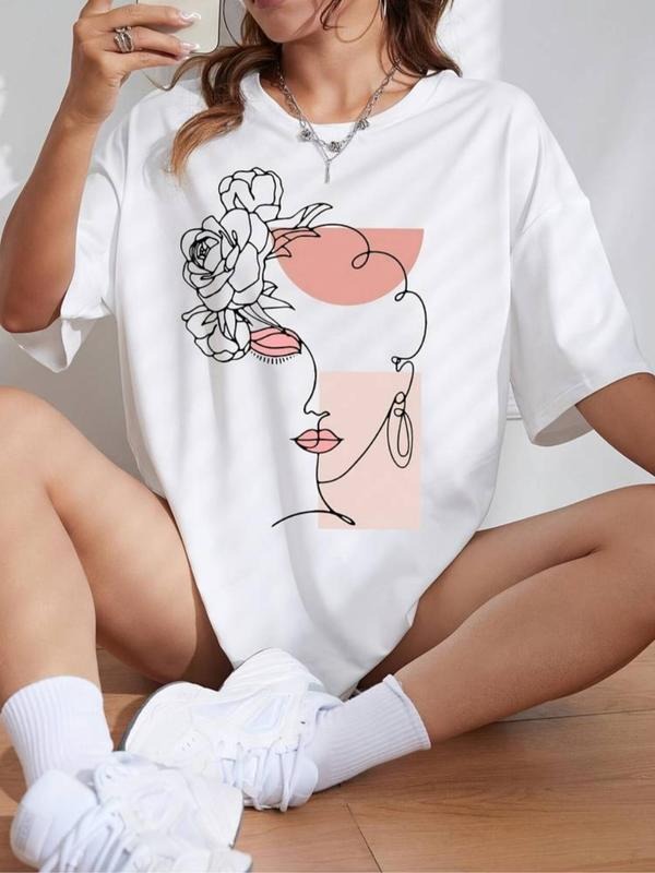 Women's Floral & Figure Print Drop Shoulder Tee, Casual Half Sleeve Round Neck T-Shirt for Summer, Fashion Women's Top...