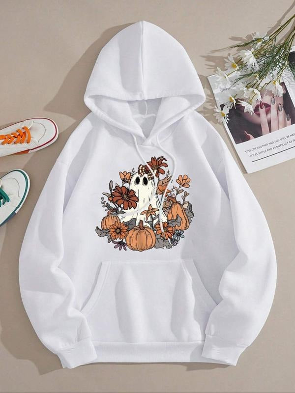 Women's Floral & Ghost Print Drop Shoulder Hoodie, Fashion Casual Drawstring Pocket Hooded Sweatshirt for Daily Holiday...