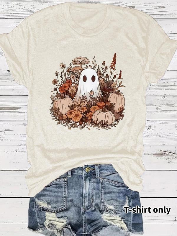 Women's Floral & Ghost Print Round Neck Tee, Casual Short Sleeve Crew Neck T-Shirt for Spring, Fashion Women's Top for...
