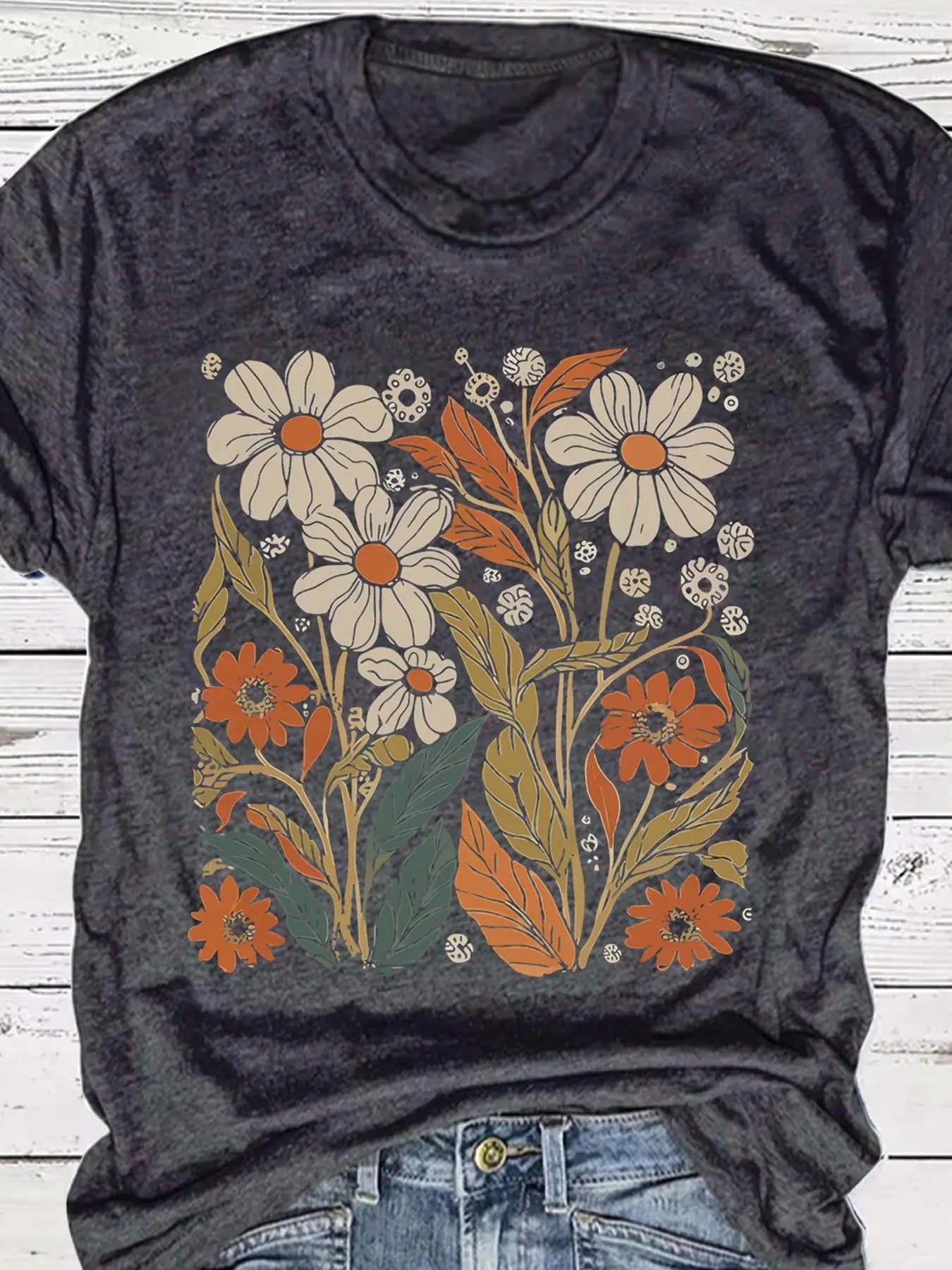 Women's Floral & Leaf Print Round Neck Tee, Trendy Casual Short Sleeve T-Shirt for Daily Wear, Ladies Summer Outfit...