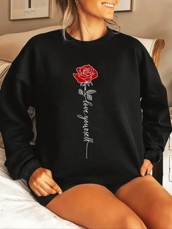 Women's Floral & Letter Print Crew Neck Pullover, Casual Long Sleeve Sweatshirt for Fall & Winter, Women's Clothes for...