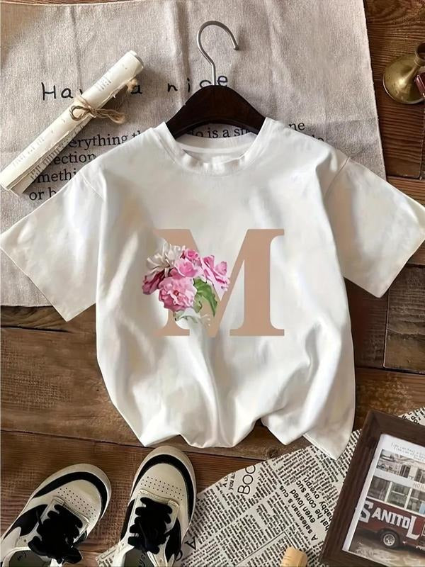 Women's Floral & Letter Print Crew Neck Tee, Fashion Casual Short Sleeve T-Shirt for Daily Wear, Ladies Summer Clothes...