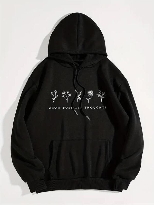 Women's Floral & Letter Print Drawstring Hoodie, Casual Long Sleeve Hooded Sweatshirt for Fall & Winter, Women's Clothes...