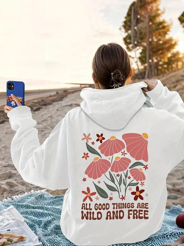Women's Floral & Letter Print Drawstring Pocket Hoodie, Casual Long Sleeve Hooded Sweatshirt for Fall & Winter, Women's...