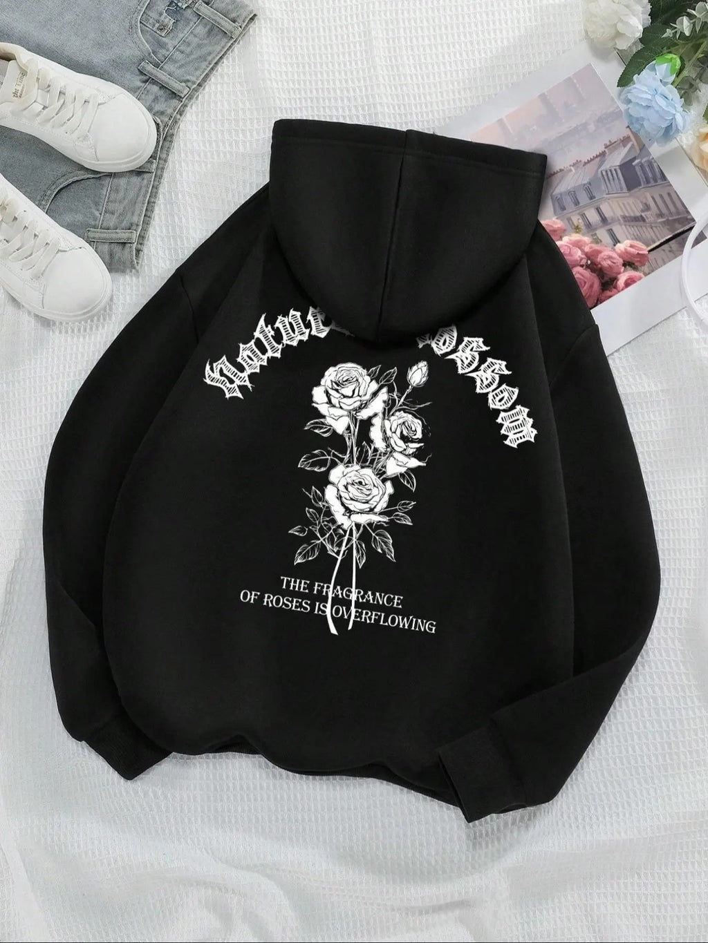 Women's Floral & Letter Print Drawstring Pocket Hoodie, Casual Long Sleeve Hooded Sweatshirt for Fall & Winter, Women's...