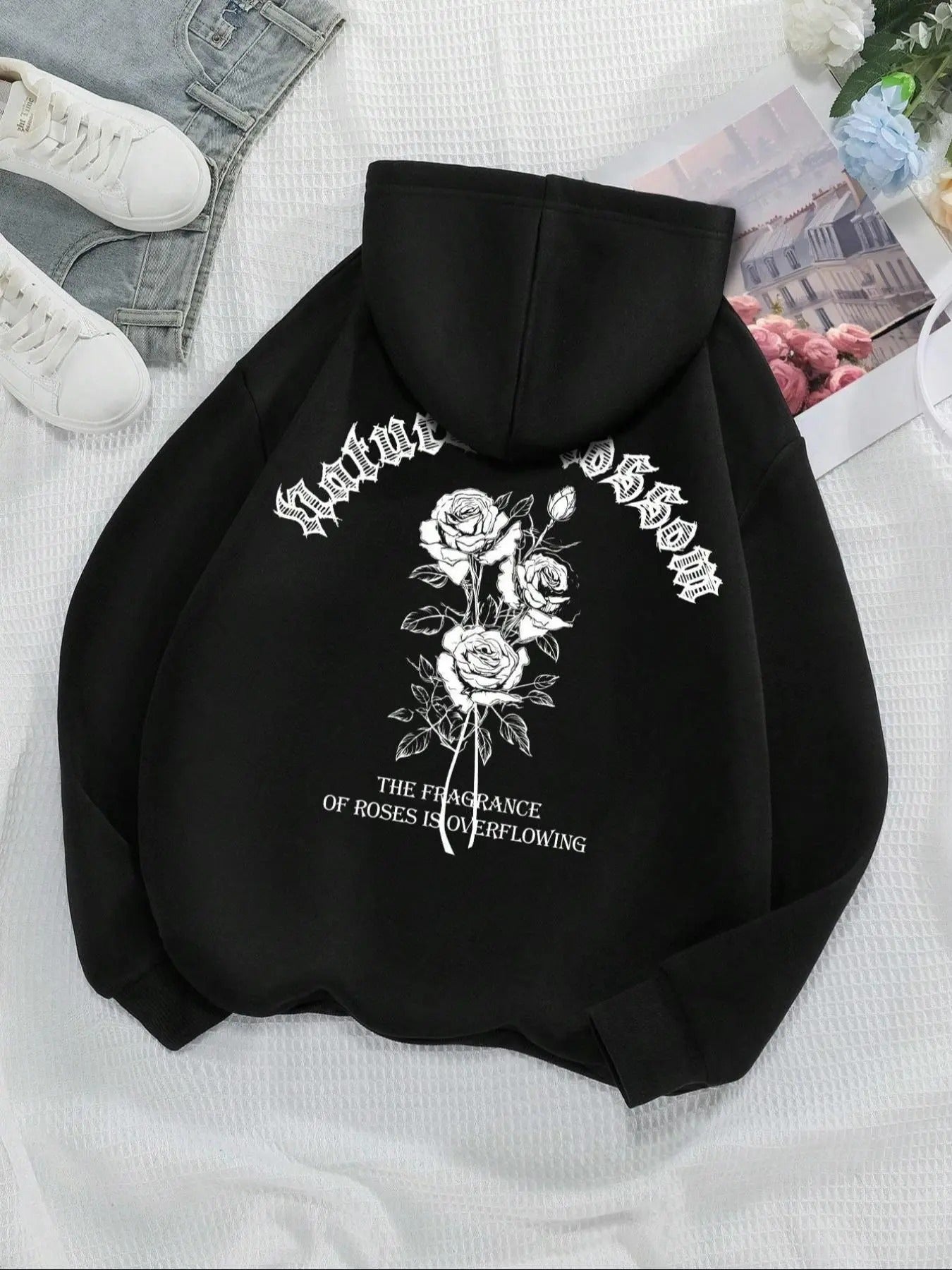 Women's Floral & Letter Print Drawstring Pocket Hoodie, Casual Long Sleeve Hooded Sweatshirt for Fall & Winter, Women's...