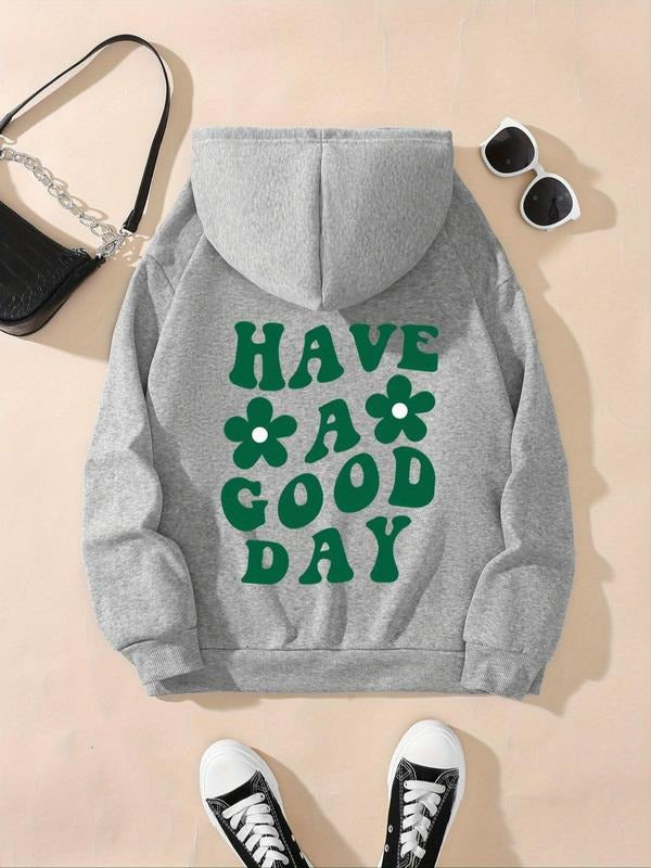 Women's Floral & Letter Print Drawstring Pocket Hoodie, Fashion Casual Hooded Sweatshirt for Daily Holiday Outdoor Wear,...