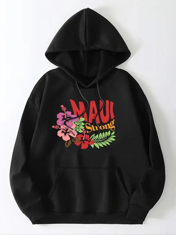 Women's Floral & Letter Print Drop Shoulder Hoodie, Fashion Casual Drawstring Kangaroo Pocket Hooded Sweatshirt for Daily...
