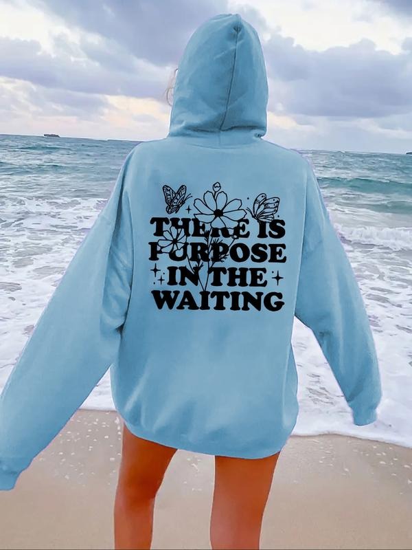 Women's Floral & Letter Print Drop Shoulder Hoodie, Fashion Casual Drawstring Pocket Hooded Sweatshirt for Daily Holiday...