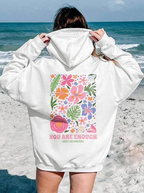 Women's Floral & Letter Print Drop Shoulder Hoodie, Fashion Casual Drawstring Pocket Hooded Sweatshirt for Daily Holiday...