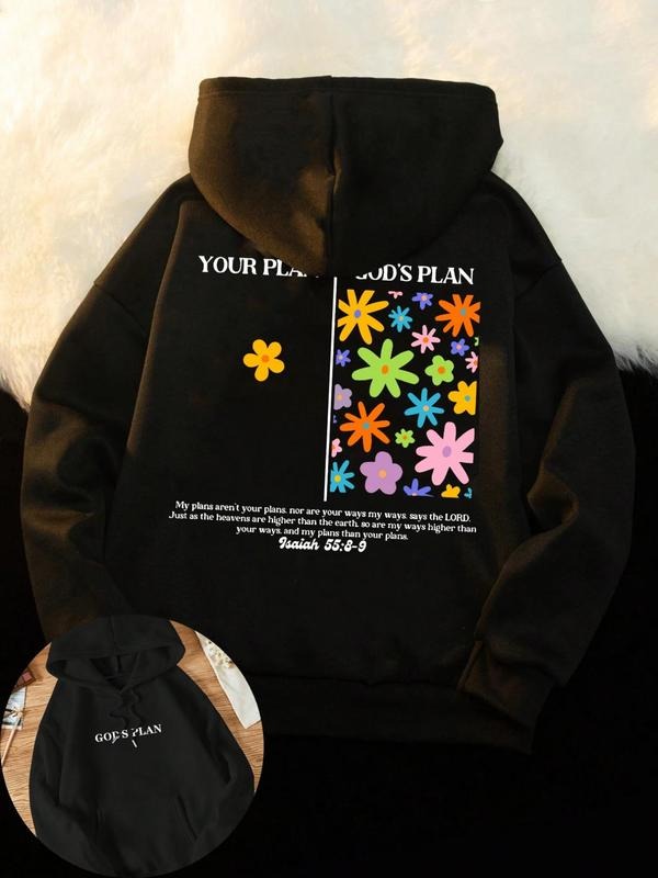 Women's Floral & Letter Print Drop Shoulder Hoodie, Fashion Casual Drawstring Pocket Hooded Sweatshirt for Daily Holiday...