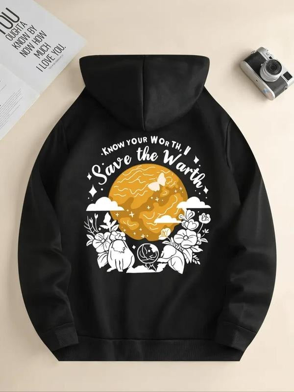 Women's Floral & Letter Print Drop Shoulder Hoodie, Fashion Casual Drawstring Pocket Hooded Sweatshirt for Daily Holiday...