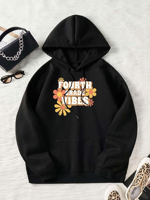 Women's Floral & Letter Print Drop Shoulder Hoodie, Fashion Casual Drawstring Pocket Hooded Sweatshirt for Daily Holiday...