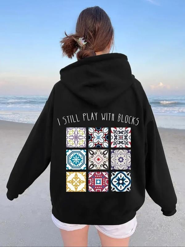 Women's Floral & Letter Print Drop Shoulder Hoodie, Fashion Casual Drawstring Pocket Hooded Sweatshirt for Daily Holiday...