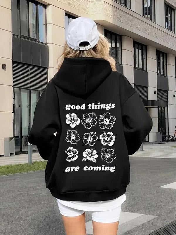 Women's Floral & Letter Print Drop Shoulder Hoodie, Fashion Casual Drawstring Pocket Hooded Sweatshirt for Daily Holiday...