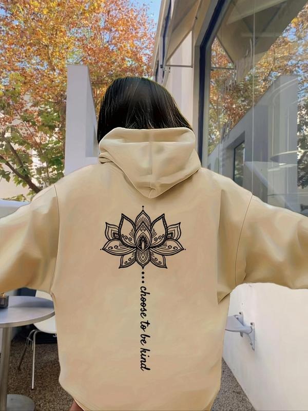 Women's Floral & Letter Print Drop Shoulder Hoodie, Fashion Casual Drawstring Pocket Hooded Sweatshirt for Daily Holiday...