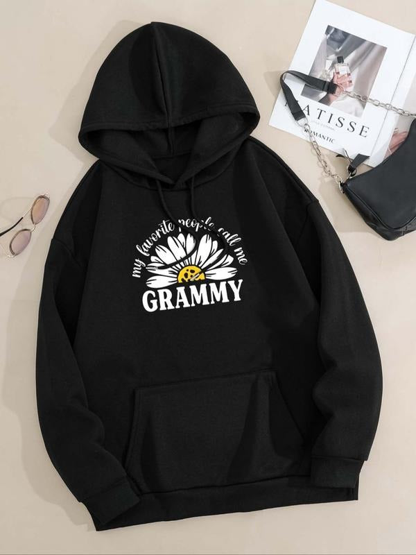 Women's Floral & Letter Print Drop Shoulder Hoodie, Fashion Casual Drawstring Pocket Hooded Sweatshirt for Daily Holiday...