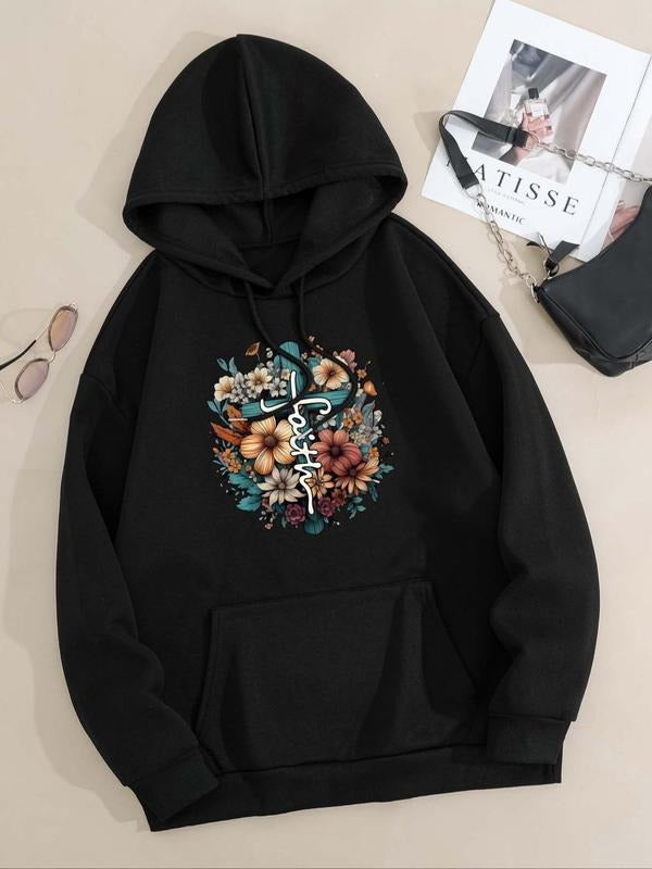 Women's Floral & Letter Print Drop Shoulder Hoodie, Fashion Casual Drawstring Pocket Hooded Sweatshirt for Daily Holiday...