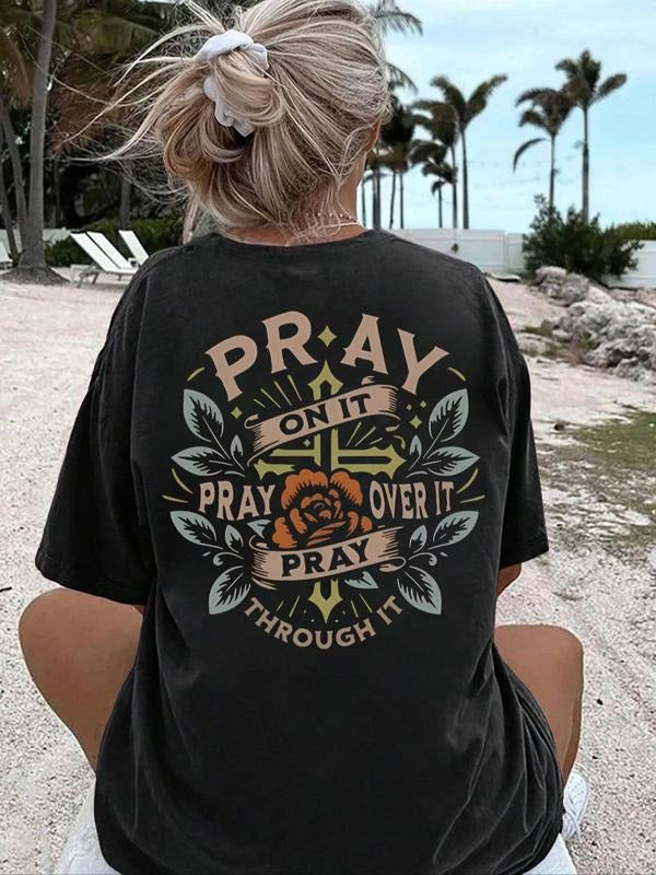 Women's Floral & Letter Print Drop Shoulder Tee, Casual Basic Fitted Half Sleeve Round Neck T-shirt for Summer, Graphic...