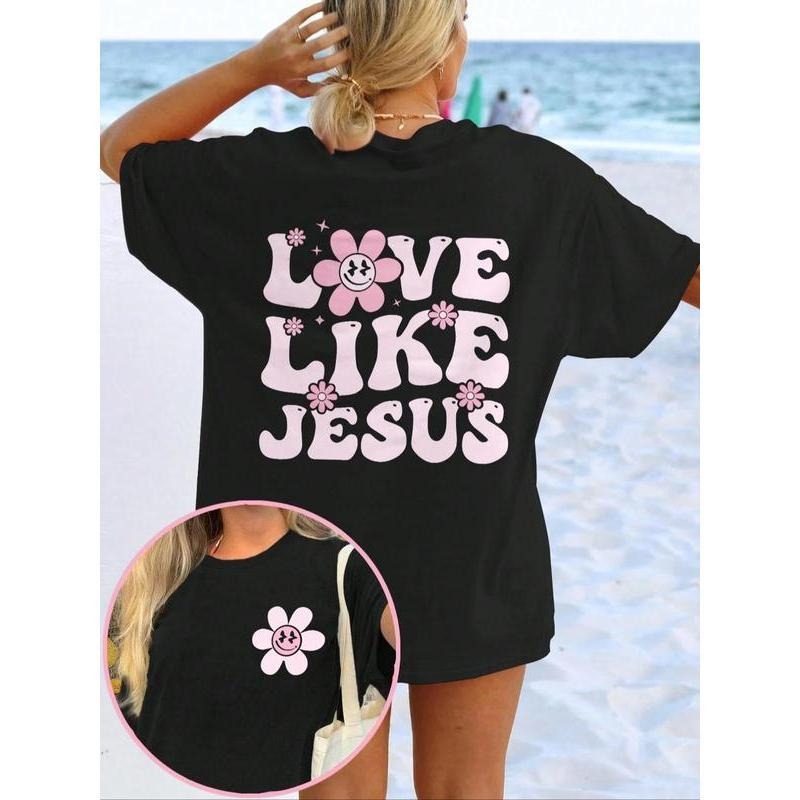 Women's Floral & Letter Print Drop Shoulder Tee, Casual Half Sleeve Round Neck T-shirt for Summer, Ladies Clothes for...