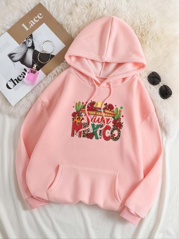Women's Floral & Letter Print Kangaroo Pocket Hoodie, Fashion Casual Long Sleeve Hooded Sweatshirt for Daily Holiday...
