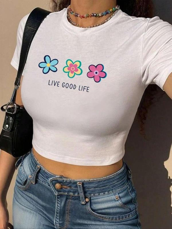 Women's Floral & Letter Print Round Neck Crop Tee, Fashion Casual Crew Neck T-Shirt for Daily Holiday Vacation Outdoor...