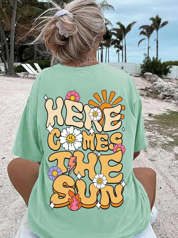Women's Floral & Letter Print Round Neck Graphic Tee, Vintage Trendy Casual Drop Shoulder Half Sleeve T-shirt For Daily...
