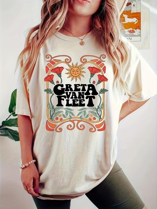 Women's Floral & Letter Print Round Neck Graphic Tee, Vintage Trendy Casual Drop Shoulder Half Sleeve T-shirt for Daily...