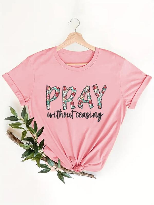 Women's Floral & Letter Print Round Neck Graphic Tee, Vintage Trendy Casual Short Sleeve T-shirt For Daily Wear, Ladies...