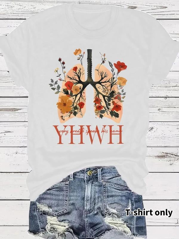 Women's Floral & Letter Print Round Neck Graphic Tee, Vintage Trendy Casual Short Sleeve T-shirt for Daily Wear, Ladies...