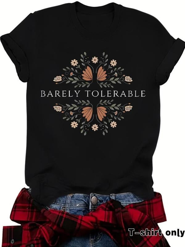 Women's Floral & Letter Print Round Neck Graphic Tee, Vintage Trendy Casual Short Sleeve T-shirt for Daily Wear, Ladies...