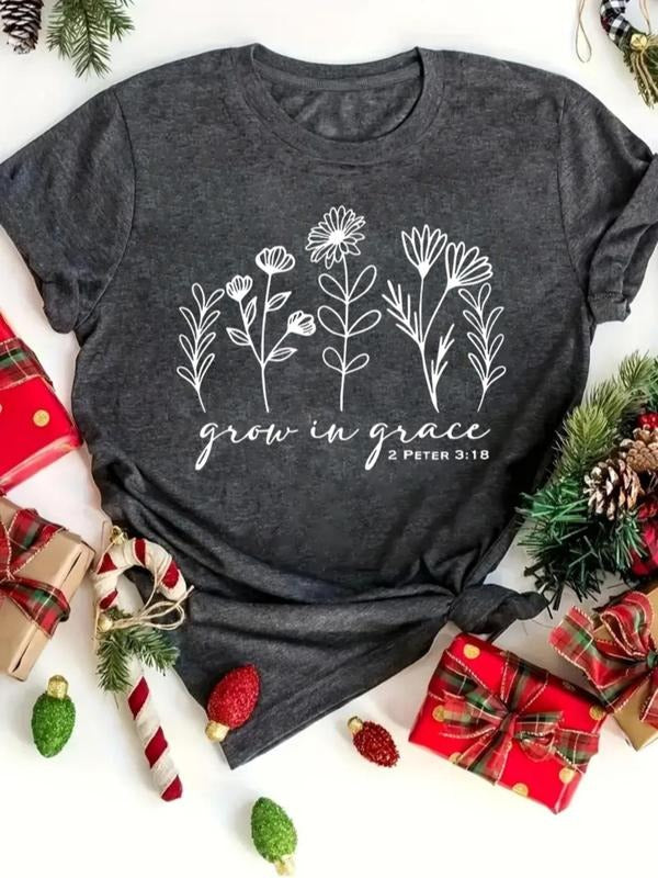 Women's Floral & Letter Print Round Neck Tee, Casual Short Sleeve Crew Neck T-shirt for Daily Wear, Ladies Clothes for...