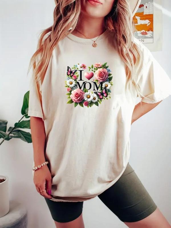 Women's Floral & Letter Print Round Neck Tee, Casual Short Sleeve Crew Neck T-shirt for Daily Wear, Ladies Clothes for...