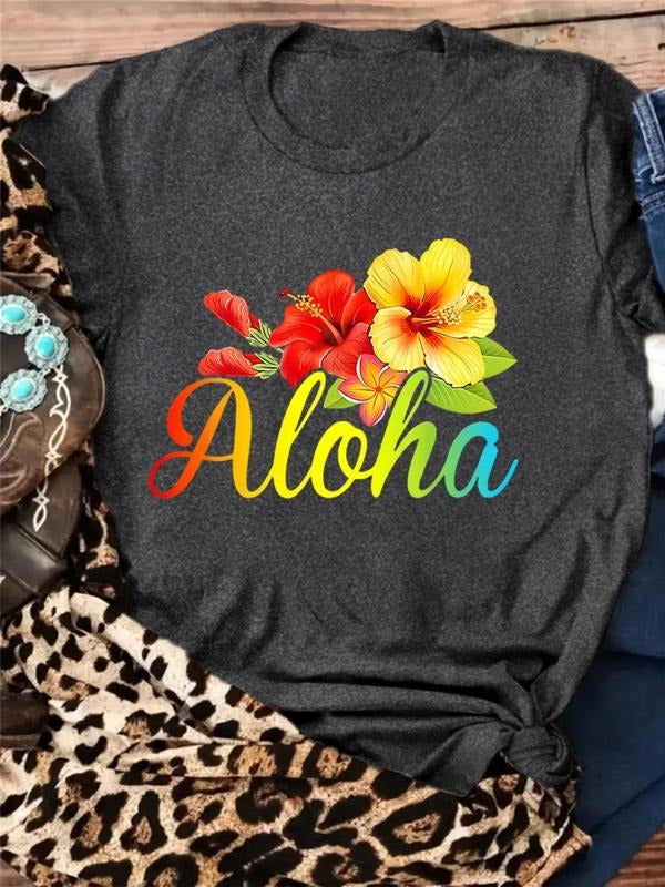 Women's Floral & Letter Print Round Neck Tee, Casual Short Sleeve Graphic T-shirt For Summer, Fashion Women's Top For...