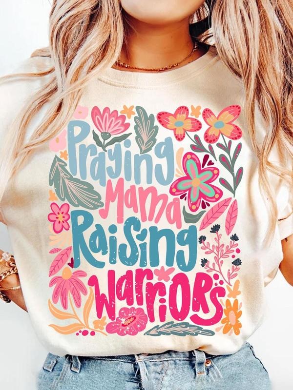 Women's Floral & Letter Print Round Neck Tee, Fashion Casual Crew Neck T-Shirt for Daily Holiday Vacation Outdoor Wear,...