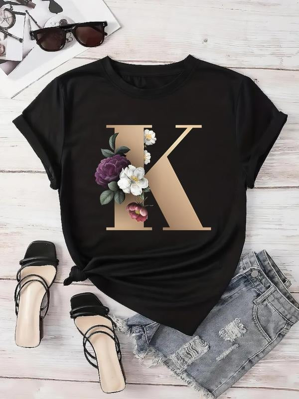 Women's Floral & Letter Print Round Neck Tee, Trendy Casual Crew Neck Short Sleeve T-shirt for Daily Wear, Ladies All...