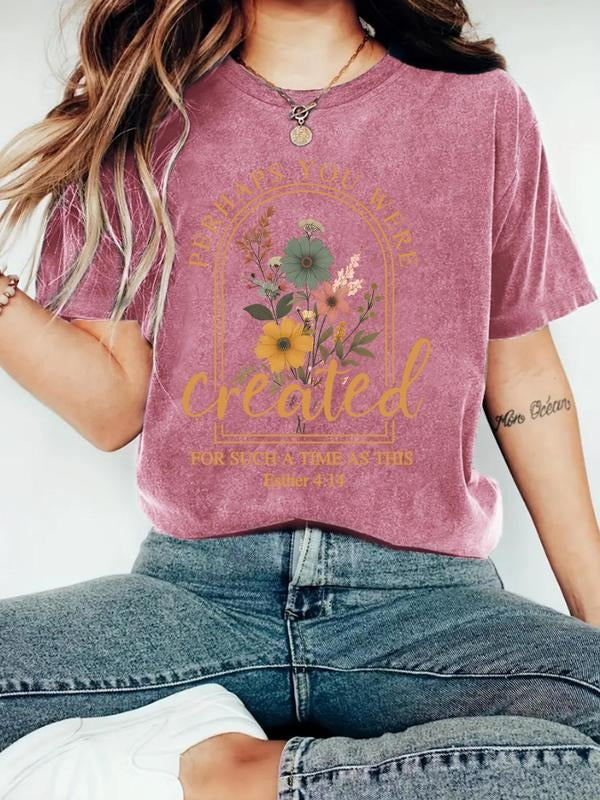 Women's Floral & Letter Print Round Neck Tee, Trendy Casual Crew Neck Short Sleeve T-shirt for Daily Wear, Ladies Summer...