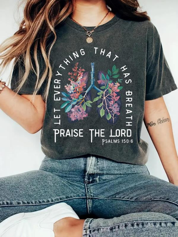 Women's Floral & Letter Print Round Neck Tee, Trendy Casual Crew Neck T-shirt for Daily Wear, Ladies Summer Outfit style...