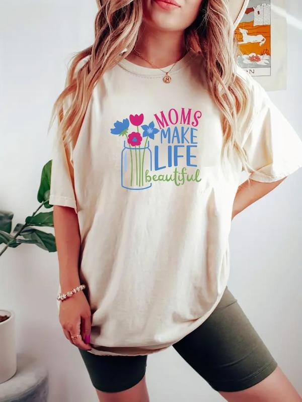 Women's Floral & Letter Print Round Neck Tee, Trendy Casual Short Sleeve T-shirt for Daily Wear, Ladies All Seasons...