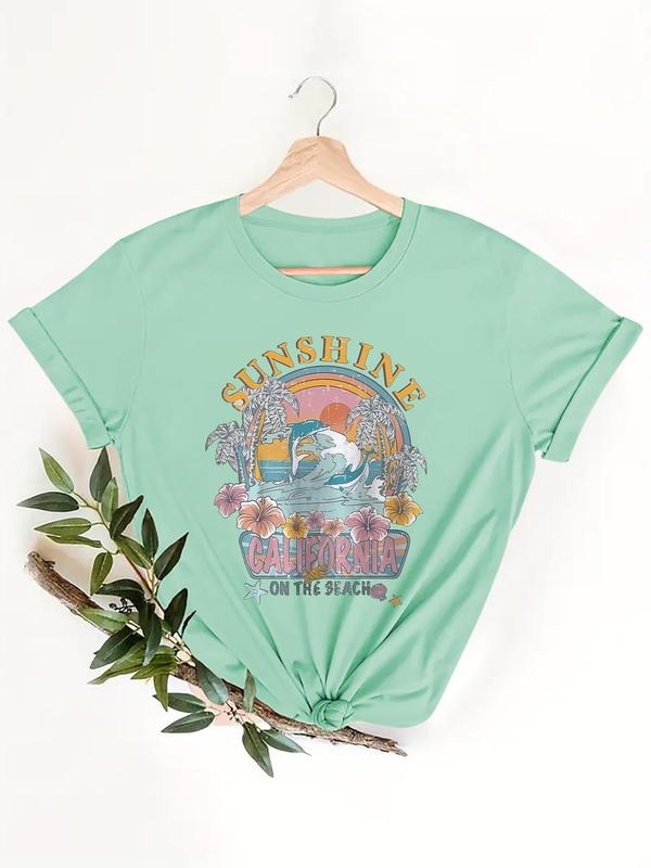 Women's Floral & Letter Print Round Neck Tee, Vintage Trendy Casual Short Sleeve T-shirt for Daily Wear, Ladies Summer...