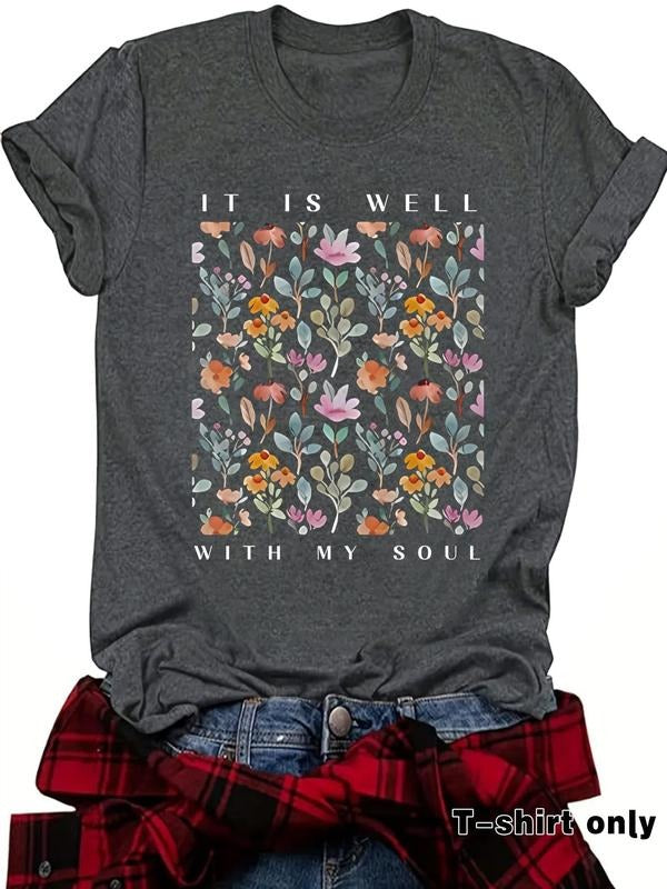 Women's Floral & Letter Print Round Neck Tee, Vintage Trendy Casual Short Sleeve T-shirt for Daily Wear, Ladies Summer...