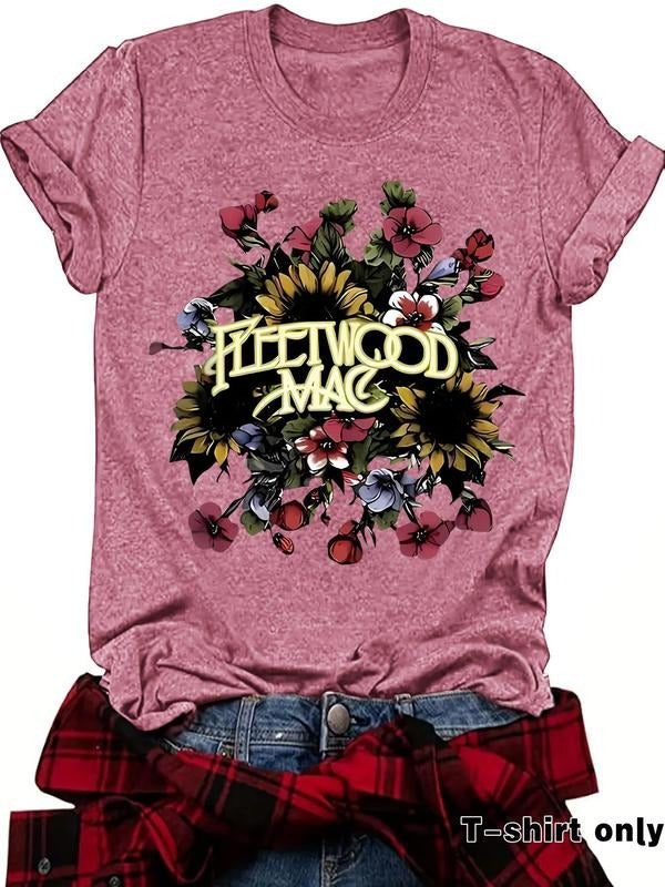 Women's Floral & Letter Print Round Neck Tee, Vintage Trendy Casual Short Sleeve T-shirt for Daily Wear, Ladies Summer...