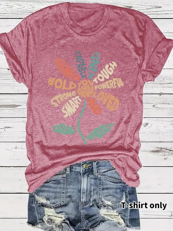 Women's Floral & Letter Print Round Neck Tee, Vintage Trendy Casual Short Sleeve T-shirt for Daily Wear, Ladies Summer...