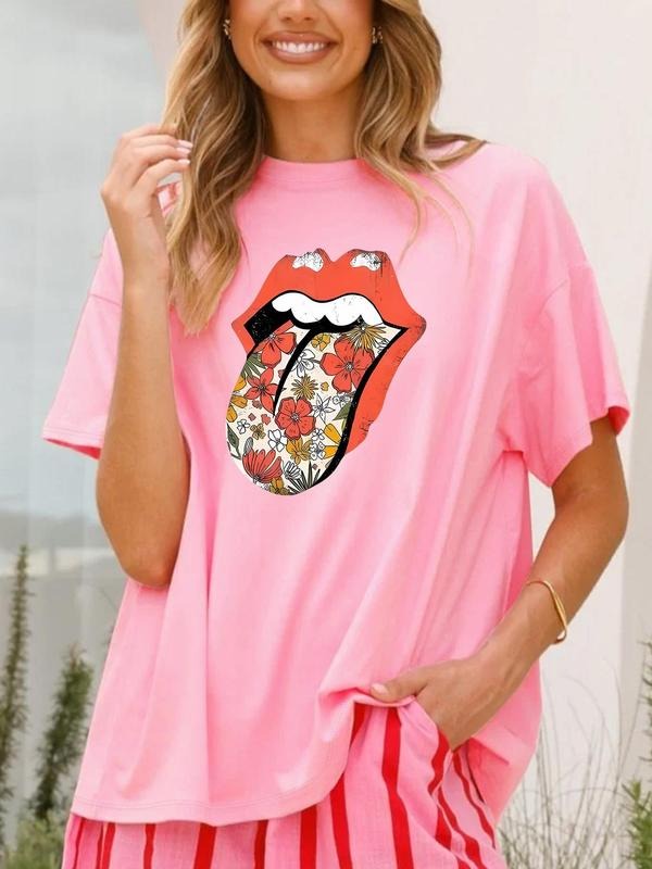 Women's Floral & Lip Print Round Neck Tee, Trendy Casual Crew Neck T-shirt for Daily Wear, Ladies All Seasons Outfit, Top...