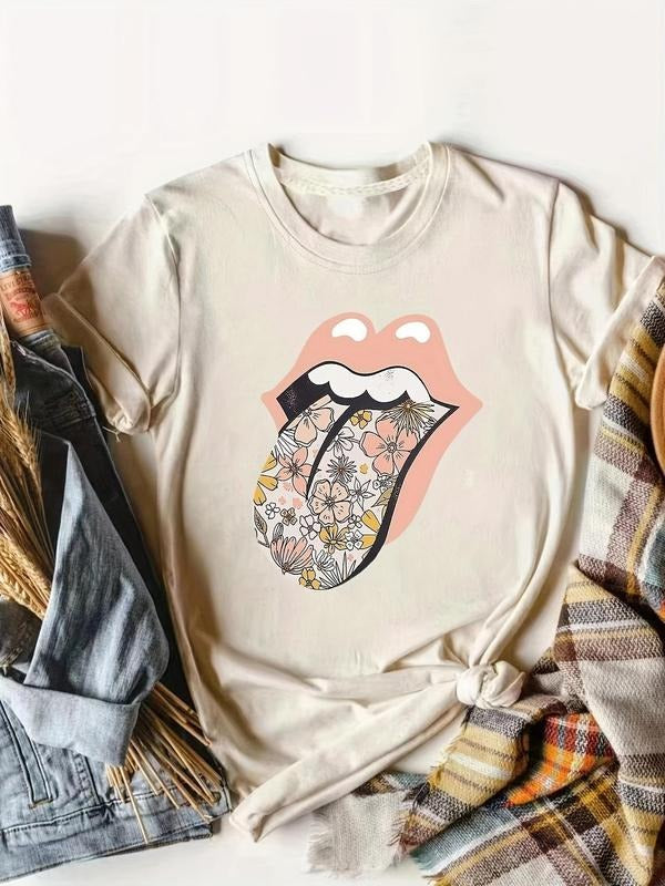 Women's Floral & Lips Print Round Neck Tee, Vintage Trendy Casual Short Sleeve T-Shirt for Daily Holiday Vacation Wear,...