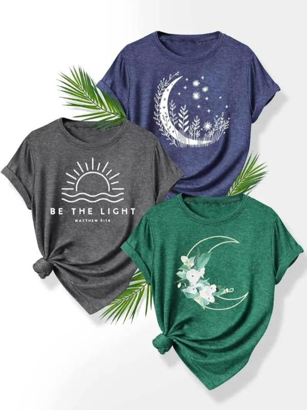 Women's Floral & Moon Print Round Neck Tee, Casual Short Sleeve Crew Neck T-shirt for Daily Wear, Ladies Clothes for...