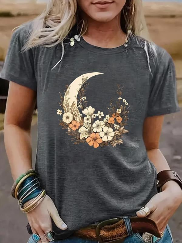 Women's Floral & Moon Print Round Neck Tee, Casual Short Sleeve Crew Neck T-shirt for Spring, Fashion Women's Top for...