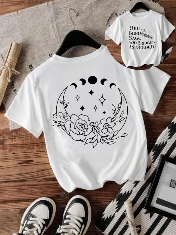 Women's Floral & Moon Print Round Neck Tee, Casual Short Sleeve Crew Neck T-shirt for Summer, Fashion Women's Top for...