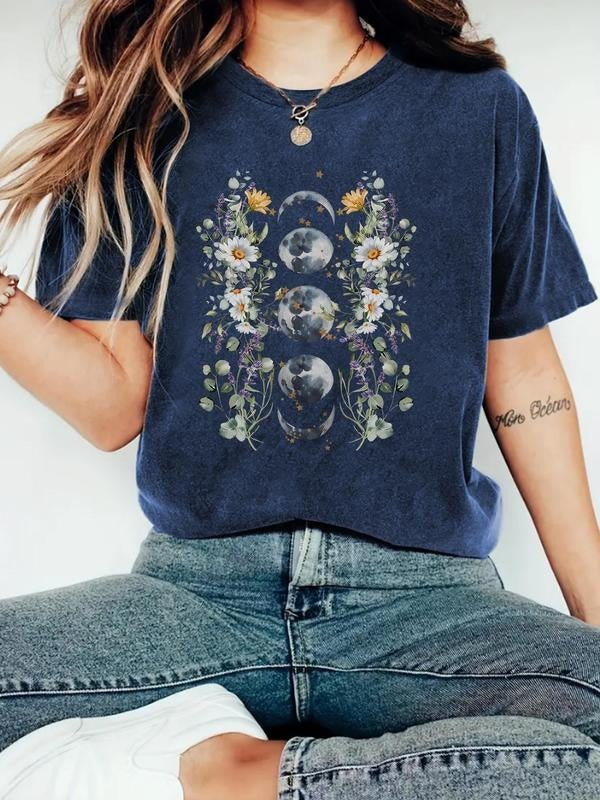 Women's Floral & Moon Print Round Neck Tee, Trendy Casual Short Sleeve T-shirt for Daily Wear, Ladies Spring Outfit, Top...